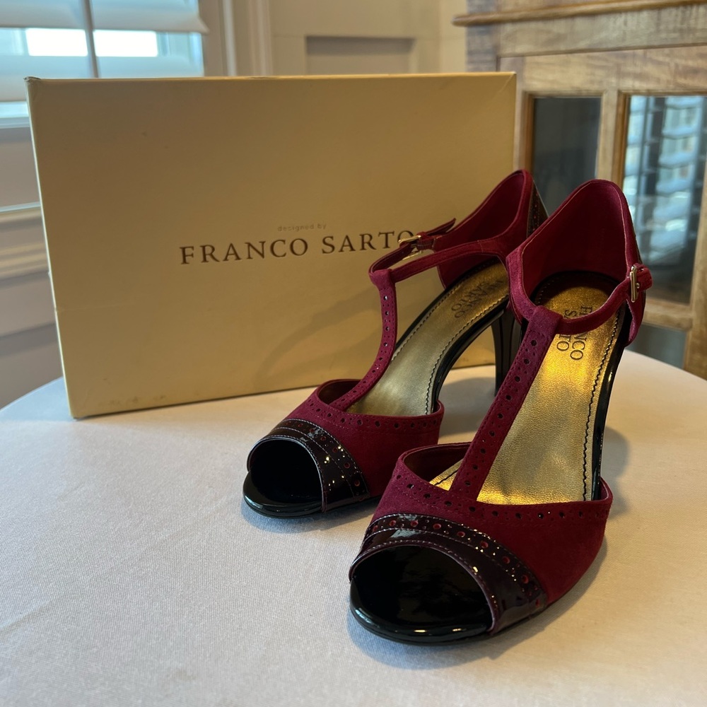 Franco Sarto, peep-toe, T-strap, suede & patent leather heel, size 8 1/2.